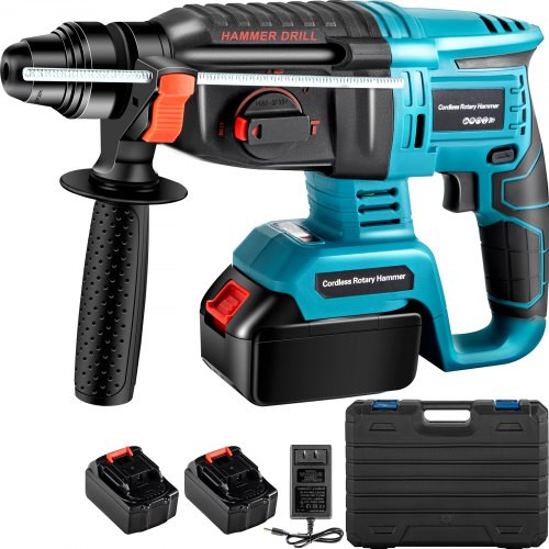 SDS-Plus Heavy Duty Rotary Hammer Drill, 1400rpm & 4500bpm Variable Speed Electric Hammer, 4 Functions Cordless Drill w/ Ruler, 360ø Rotary Handle 18V Batteriesx2 Demolition Hammer for Concrete