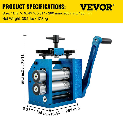 Rolling Mill 4.4"/112mm Jewelry Rolling Mill Machine Gear Ratio 1:2.5 Wire Roller Mill 0.1-7mm Press Thickness Manual Combination Rolling Mill for Jewelry Sheet Square Semicircle Circle Pattern