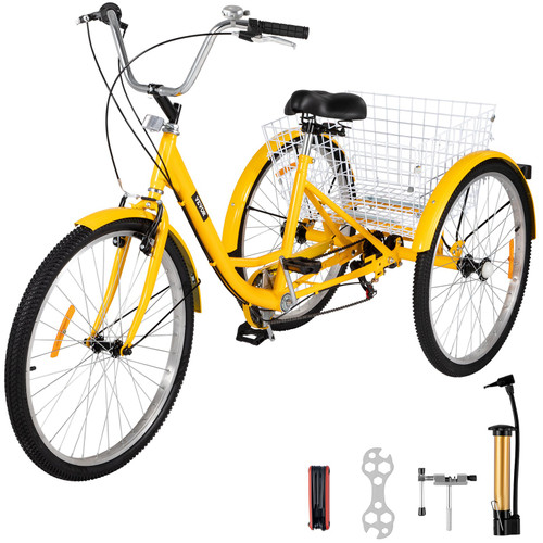 Adult Tricycle 7 Speed Wheel Size Cruise Bike 26in Adjustable Trike with Bell, Brake System Cruiser Bicycles Large Size Basket for Shopping (Yellow 26 7 Speed)