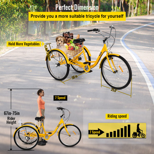 Adult Tricycle 7 Speed Wheel Size Cruise Bike 26in Adjustable Trike with Bell, Brake System Cruiser Bicycles Large Size Basket for Shopping (Yellow 26 7 Speed) Adult Tricycle 7 Speed Wheel Size Cruise Bike 26in Adjustable Trike with Bell, Brake System Cruiser Bicycles Large Size Basket for Shopping (Yellow 26 7 Speed)