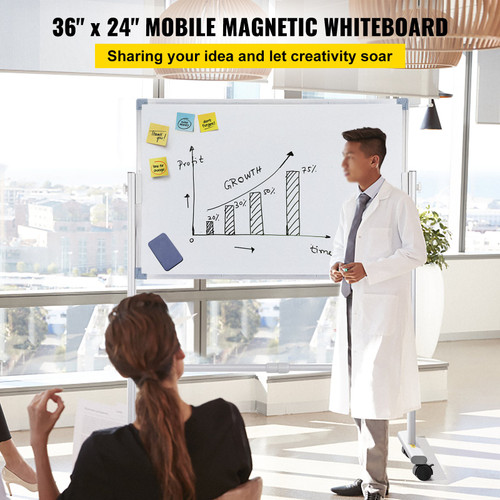 Mobile Magnetic Whiteboard, 36 x 24 Inch, Double Sided, 360 Degree Reversible Rolling Dry Erase Board, Height Adjustable with Aluminum Frame and