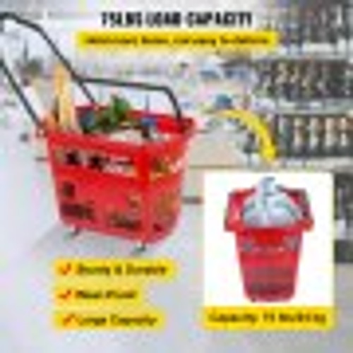 6PCS Shopping Carts, Plastic Rolling Shopping Basket with Wheels, Red Shopping Baskets with Handles, Portable Shopping Basket Set for Retail Store