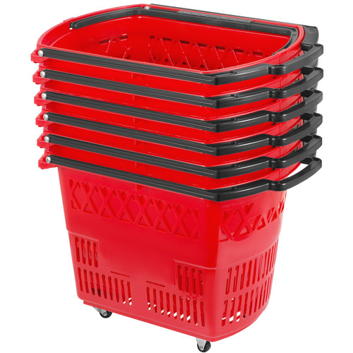 6PCS Shopping Carts, Plastic Rolling Shopping Basket with Wheels, Red Shopping Baskets with Handles, Portable Shopping Basket Set for Retail Store