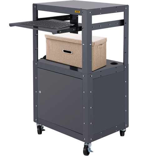 Steel AV Cart, 27-41" Height Adjustable, Media Cart with Keyboard Tray and Locking Cabinet, 24" x 18" Length Presentation Cart with 3-Shelf, 150 lbs Projector Cart with 4 Wheels and 2 Brakes