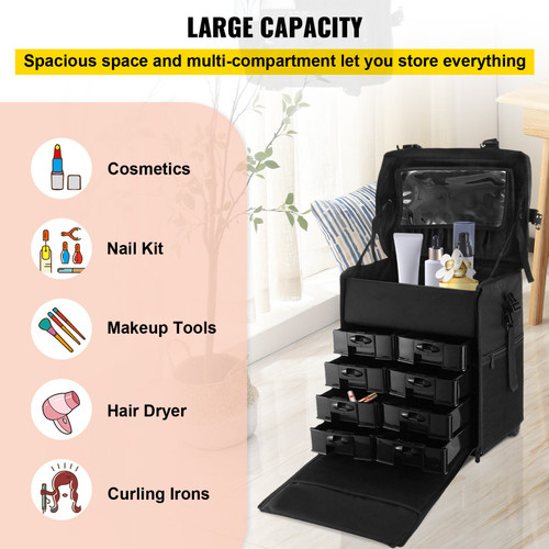 2 in 1 Nylon Rolling Makeup Case with Wheels Travel Cosmetic Cases Detachable Professional Rolling Trolley Makeup Travel Case Oxford Vanity Portable