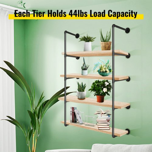 Industrial Pipe Shelves 4-Tier Wall Mount Iron Pipe Shelves 2 PCS Pipe Shelving Vintage Black DIY Pipe Bookshelf Each Holds 44lbs Open Kitchen Shelving for Bedroom & Living Room W/Accessories