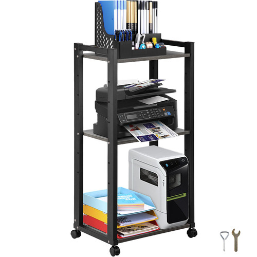 Printer Stand, 3-Tier Rolling Printer Cart, Adjustable Storage Shelf Rack on Lockable Wheels, 19.69x 13.78x 42 inch Printer Table for Home Office Small Spaces Organization, Black