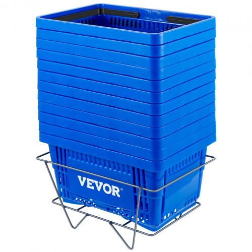 Shopping Basket, 16.9 x 11.8 x 8.7 in/42.8 x 30 x 22 cm((L x W x H), Plastic Handle and Iron Stand, Set of 12 Store Baskets with Durable PE Material Used for Supermarket, Retail, Bookstore, Blue