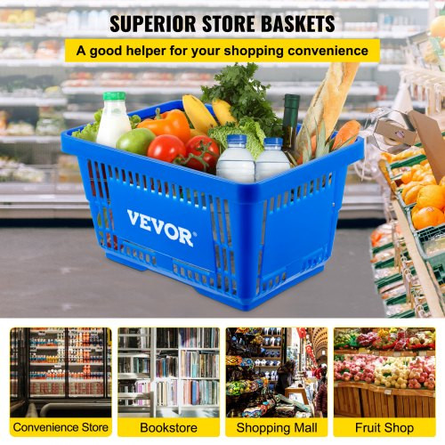 Shopping Basket, 16.9 x 11.8 x 8.7 in/42.8 x 30 x 22 cm((L x W x H), Plastic Handle and Iron Stand, Set of 12 Store Baskets with Durable PE Material Used for Supermarket, Retail, Bookstore, Blue