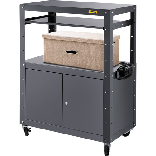 AV Cart, 27-41" Height Media Cart with Power Strip, 33 x 18" Presentation Cart with Locking Cabinet, Keyboard Tray and 2 Locking Brakes, 150 lbs Heavy-Duty AV Cart Fit for Office and School
