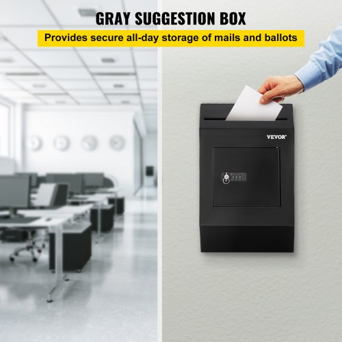 Suggestion Box, Donation Ballot Box with Key & Combination Lock, Wall Mounted Collection Box w/ Wide Drop Slot, Steel Key Drop Box for Home Office School, 16.1"x10"x3.9", Black