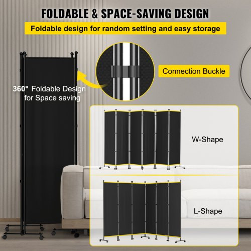 6 Panel Room Divider, 6 FT Tall, Freestanding & Folding Privacy Screen w/ Swivel Casters & Aluminum Alloy Frame, Oxford Bag Included, Room Partition for Office Home, 121" W x 14" D x 73"H, Black