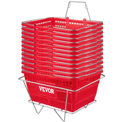 Shopping Basket, Set of 12 Red, Durable PE Material with Handle and Stand, Basket Dimension 16.9"L x 11.8"W x 8.07"H and Used for Supermarket, Retail, Grocery-Holds 21 L/5.6 Gal of Merchandise