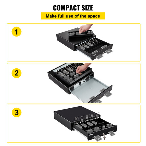 Cash Register Drawer, 16" 2 Unlocking Ways, Fully Removable Design with 5 Bill 8 Coin Cash Tray, 2 Keys Included, Compact Size Cash Registers for Supermarket, Bar, Coffee Shop, Restaurant