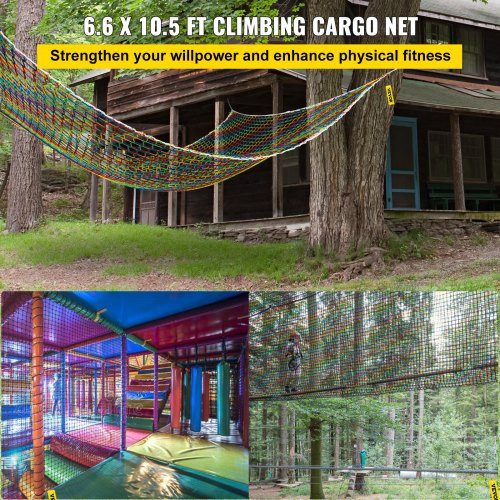 Climbing Cargo Net, 6.6 x 10.5 ft Playground Climbing Cargo Net, Polyester Double Layers Cargo Net Climbing Outdoor w/500lbs Weight Capacity, Rope Bridge Net for Tree House, Monkey Bar, Rainbow