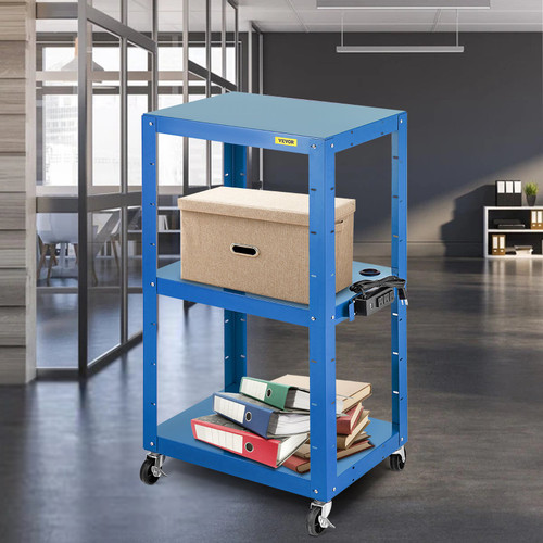 Steel AV Cart, 26-41" Height Adjustable Media Cart with Electric Power Cord, 25" x 18" Presentation Cart with 3 Shelves, 150 LBS Rolling Cart with 2 Brakes Suitable for Load-Bearing, Blue