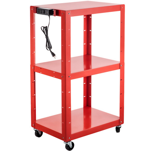 Steel AV Cart, 26-41" Height Adjustable Media Cart with Electric Power Cord, 25" x 18" Presentation Cart with 3 Shelves, 150 LBS Rolling Projector Cart with 2 Brakes Suitable for Load-Bearing