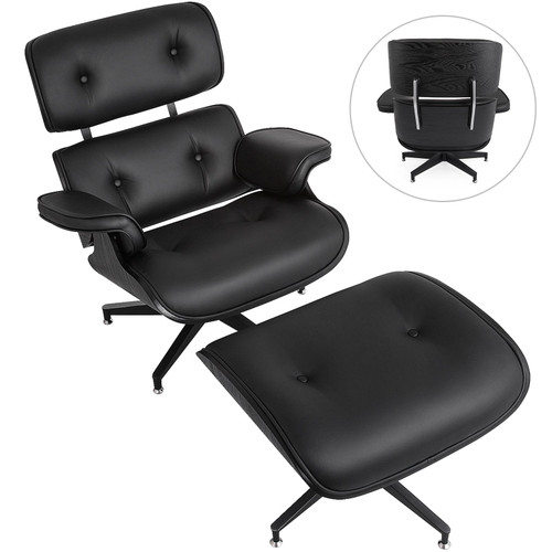 Classic Swivel Lounge Chair & Footrest Black PU Leather + Bentwood