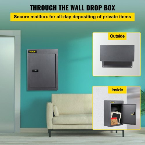Through The Wall Drop Box, 12.5''x6.3''x16.9'' Mail Drop Box w/Adjustable Chute, Deposit Drop Box w/Code Lock, Rainproof Wall Mount Mailbox for Letters, Rents, Checks & Keys, Home & Office, Grey
