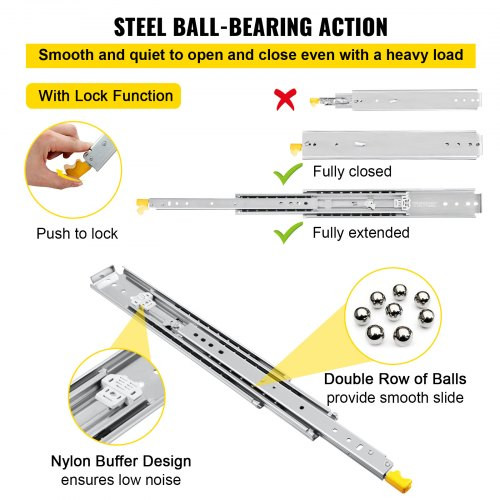 Drawer Slides with Lock, 1 Pair 44 inch, Heavy-Duty Industrial Steel up to 500 lbs Capacity, 3-Fold Full Extension, Ball Bearing Lock-in & Lock-Out, Side Mount