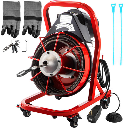 Electric Drain Auger, 50' x 1/2", 250W Sewer Snake Machine Fit 2''- 4'' Pipes w/Wheels & Cutters & Foot Switch, Plumbing Snake for Toilet, Sewer, Bathroom, Sink and Shower