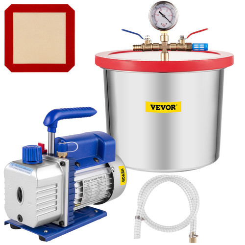 Vacuum Pump 2 Gallon Vacuum Chamber Silicone Expoxy Degassing with 4CFM 1/3HP Single Stage Vacuum Pump