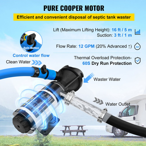 RV Macerator Pump, 12V 12GPM Self-priming Water Waste Pumps w/RV Connector & Hose, 16 ft Lifting Height, 60s Dry Run Quick Release, Fresh Water Rinse & Manual Crushing Function, for RV Yacht RV Macerator Pump, 12V 12GPM Self-priming Water Waste Pumps w/RV Connector & Hose, 16 ft Lifting Height, 60s Dry Run Quick Release, Fresh Water Rinse & Manual Crushing Function, for RV Yacht