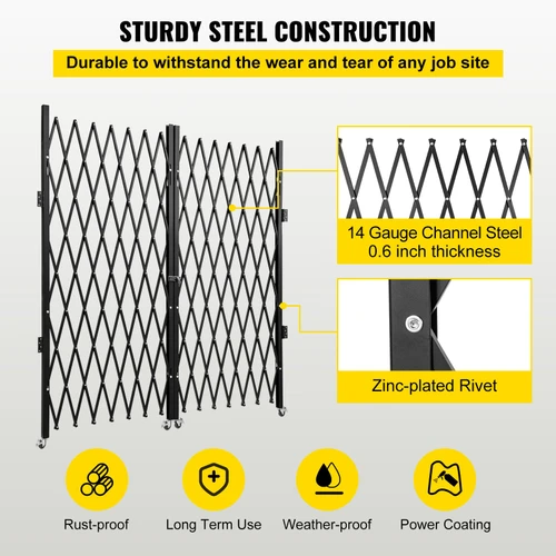 Double Folding Security Gate, 6-1/2' H x 12' W Folding Door Gate, Steel Accordion Security Gate, Flexible Expanding Security Gate, 360° Rolling Barricade Gate, Scissor Gate or Door with Keys