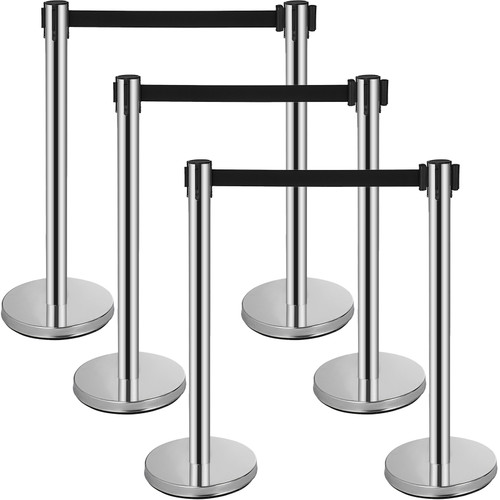 6pcs Queue Posts W/ Black Retractable Belt Stainless Steel Restaurants Outdoor