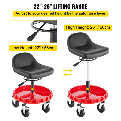 Shop Stool, 300 LBS Rolling Garage Stool, 22? to 26? Adjustable Height Mobile Rolling Gear Seat, Round Tray Garage Pneumatic Stool, All-Terrain 5"