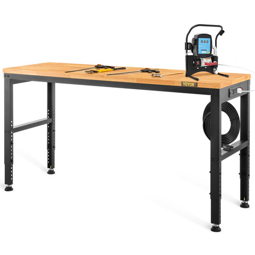 Workbench Adjustable Height, 48" L X 24" W X 38.1" H Garage Table w/ 28.3" - 38.1" Heights & 2000 LBS Load Capacity, with Power Outlets & Hardwood Top & Metal Frame & Foot Pads, for Office Home