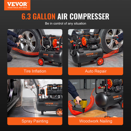 Air Compressor 6.3 Gallon 1450W 3.35 CFM@ 90PSI 70 dB Ultra Quiet Oil Free Air Compressor 6.3 Gallon 1450W 3.35 CFM@ 90PSI 70 dB Ultra Quiet Oil Free