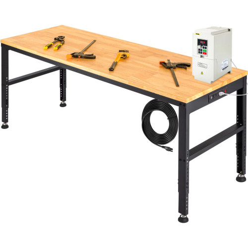 Workbench Adjustable Height, 53" L X 18" W X 38.3" H Garage Table w/ 28.5" - 38.3" Heights & 2000 LBS Load Capacity, with Power Outlets & Hardwood
