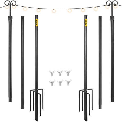 String Light Poles, 2 Pack 9.7 FT, Outdoor Powder Coated Stainless Steel Lamp Post with Hooks to Hang Lantern and Flags, Decorate Garden, Backyard, Patio, Deck, for Party and Wedding, Black