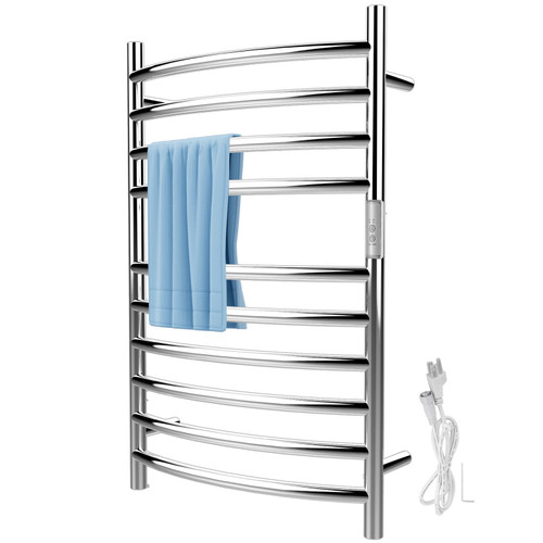 Heated Towel Rack, 10 Bars Curved Design, Mirror Polished Stainless Steel Electric Towel Warmer with Built-in Timer, Wall-Mounted for Bathroom, Plug-in/Hardwired, UL Certificated, Silver