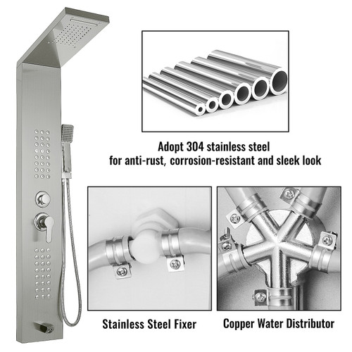 5 in1 Shower Panel Tower System Brushed Silver Stainless Steel Multi-Function Shower Panel with Spout Rainfall Waterfall Massage Jets Tub Spout Hand Shower for Home Hotel Resort Split Type