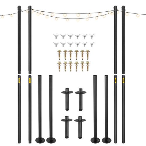 String Light Poles, 4 Pack 10.6 FT, Outdoor Powder Coated Steel Lamp Post with Hooks to Hang Lantern and Flags, Universal Mounting Options to Decorate Garden, Patio, and Deck for Party, Black