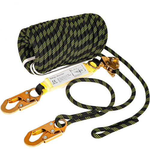 Vertical Lifeline Assembly, 100 ft Fall Protection Rope, Polyester Roofing Rope, CE Compliant Fall Arrest Protection Equipment with Alloy Steel Rope Grab, Two Snap Hooks, Shock Absorber