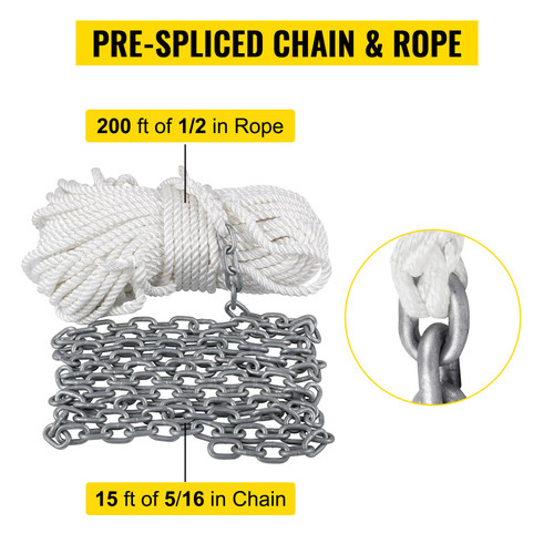 Anchor Rode and Chain, 15' x 5/16" Boat Anchor Chain, 1/2" x 200' Nylon Rope, 2.2T Chain Tension Galvanized Steel Chain, Windlass-Grade Three Strand Twist Nylon, Anchor Chain for Boats, Ships