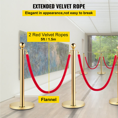 38 Inch Stanchion Posts Queue, Red Velvet Rope (3, Gold)