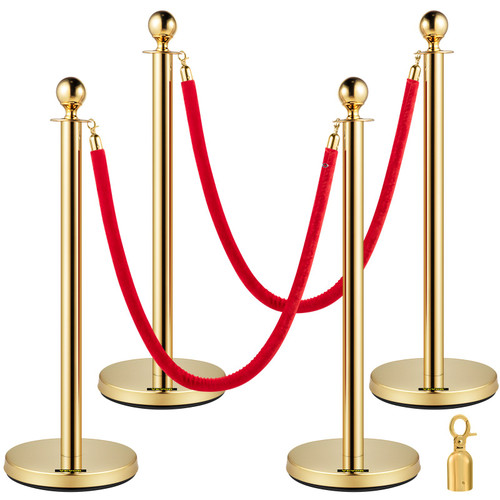 38 Inch Stanchion Posts Queue, Red Velvet Rope (3, Gold)