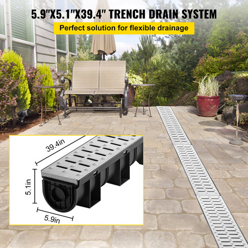 Trench Drain System, Channel Drain with Metal Grate, 5.9x5.1-Inch HDPE Drainage Trench, Black Plastic Garage Floor Drain, 3x39 Trench Drain Grate, with 3 End Caps, for Garden, Driveway-3 Pack