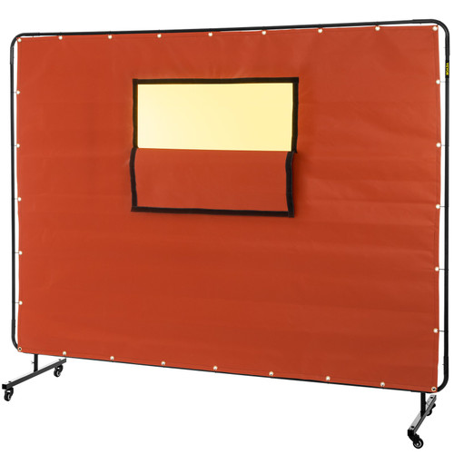 Welding Curtain, 6' x 8', Welding Screen with Metal Frame & 4 Wheels, Fireproof Fiberglass w/Transparent Window, for Workshop, Industrial Site, Red