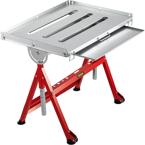 Welding Table, 31" x 23", Steel Industrial Workbench w/ 400lbs Load Capacity, Adjustable Angle & Height, Casters, Retractable Guide Rails, Three 1.6" Slots Folding Work Bench