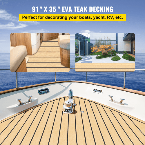 EVA Foam Faux Teak Boat Decking Sheet 90.5 X 35.4 Inch 5MM Thick Boat Flooring Decking Non-Skid Self-Adhesive for Marine Yacht RV Swimming Pool Garden (Golden+Black Seam)