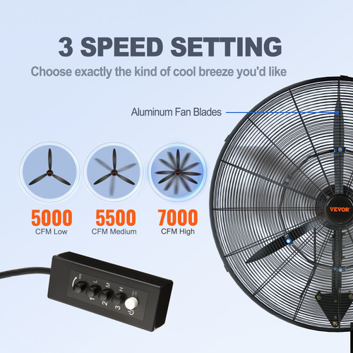 Wall-Mount Misting Fan, 24 Inch, 3-speed High Velocity Max. 7000 CFM, Waterproof Oscillating Industrial Wall Fan, Commercial or Residential for Warehouse, Greenhouse, Workshop, Black, ETL Listed