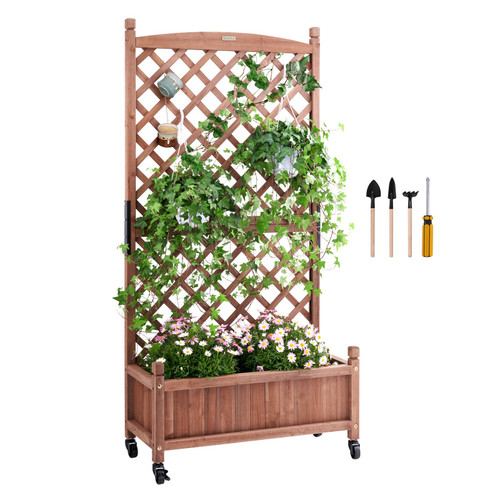 Raised Garden Bed with Trellis, 30" x 13" x 61.4" Outdoor Raised Wood Planters with Drainage Holes, Free-Standing Trellis Planter Box for Vine Climbing Plants Flowers in Garden, Patio, Balcony