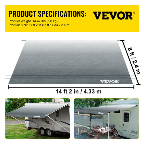 RV Awning, Awning Replacement Fabric 15 FT, Gray Fade RV Awning Replacement, 15oz Vinyl Material Replacement Awning, Sun Shade and Waterproof Camper Fabric Size: 14 ft 2 in