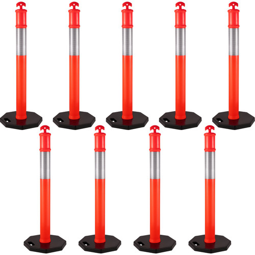 9Pack Traffic Delineator Posts 44 Inch Height, PE Delineator Cones Post Kit 10 inch Reflective Band, Delineators Post with Rubber Base 16 inch for Construction Sites, Facility Management etc.