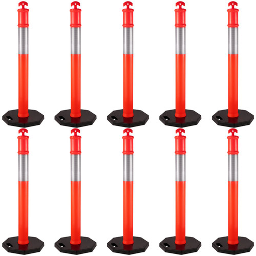 10Pack Traffic Delineator Posts 44 Inch Height, PE Channelizer Cones Post Kit 10 inch Reflective Band, Delineators Post with Rubber Base 16 inch for Construction Sites, Facility Management etc.